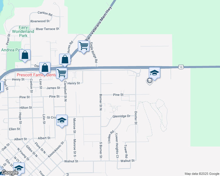 map of restaurants, bars, coffee shops, grocery stores, and more near 1531 James Street in Prescott