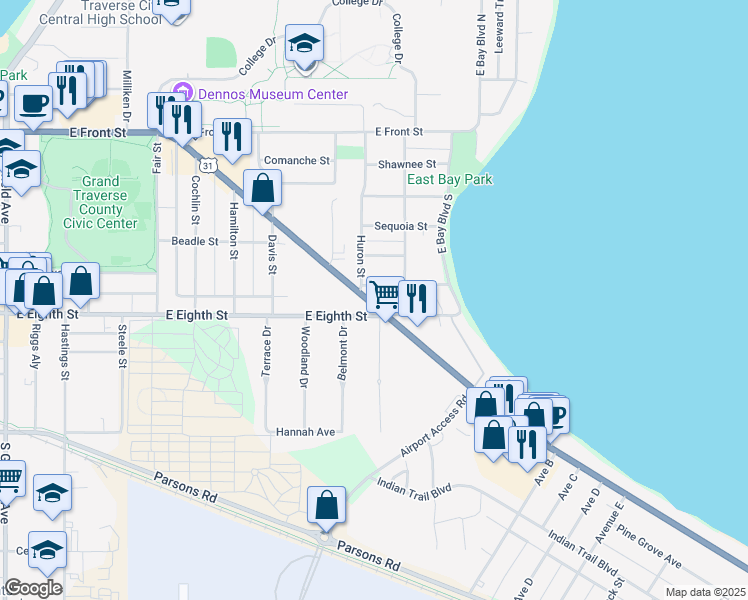 map of restaurants, bars, coffee shops, grocery stores, and more near 1848 East 8th Street in Traverse City