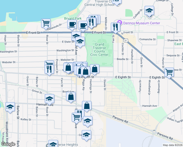 map of restaurants, bars, coffee shops, grocery stores, and more near 1148 East Eighth Street in Traverse City