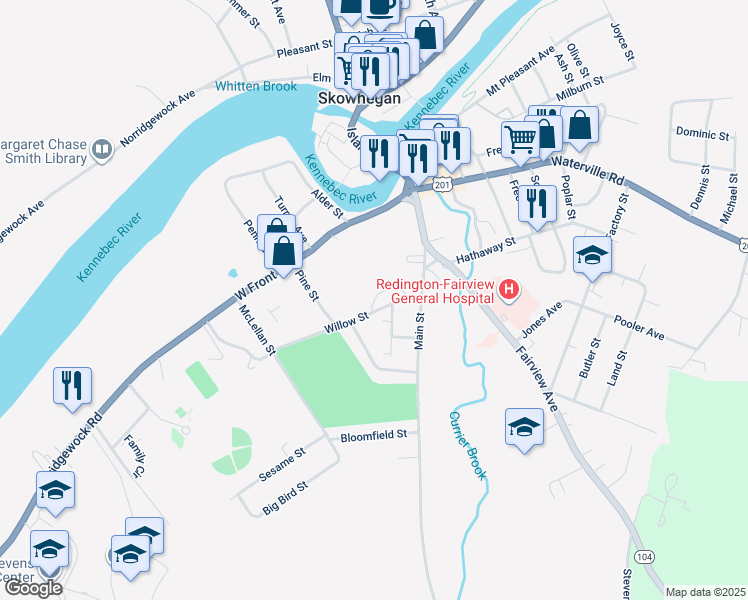 map of restaurants, bars, coffee shops, grocery stores, and more near 10 Bailey Street in Skowhegan
