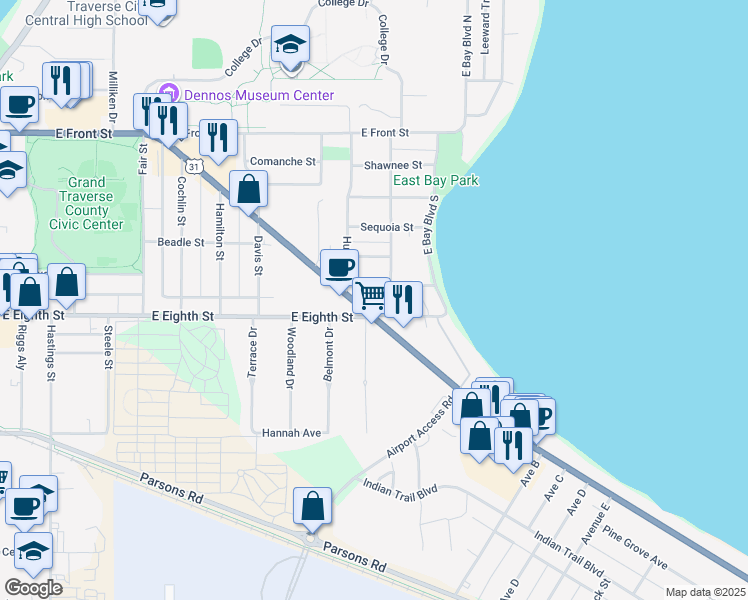 map of restaurants, bars, coffee shops, grocery stores, and more near 1848-1898 E 8th St in Traverse City