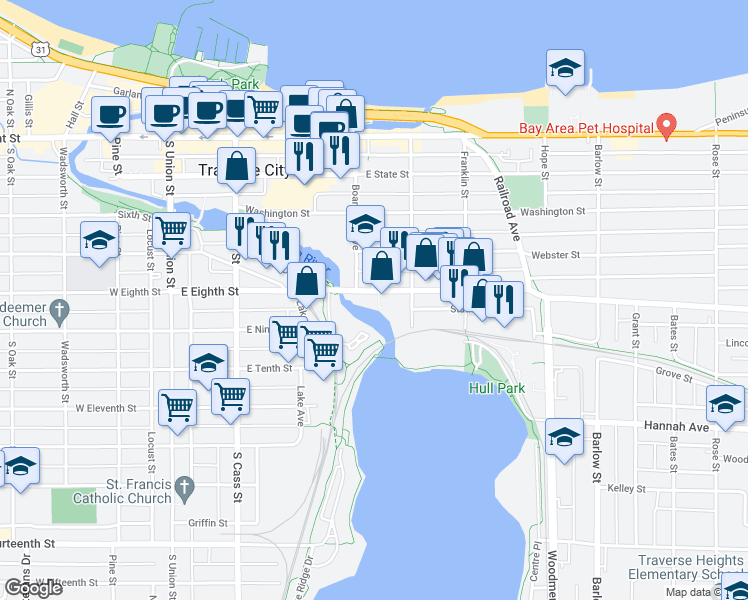 map of restaurants, bars, coffee shops, grocery stores, and more near 641 Riverine Drive in Traverse City