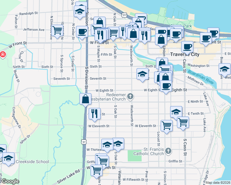 map of restaurants, bars, coffee shops, grocery stores, and more near 599 South Oak Street in Traverse City