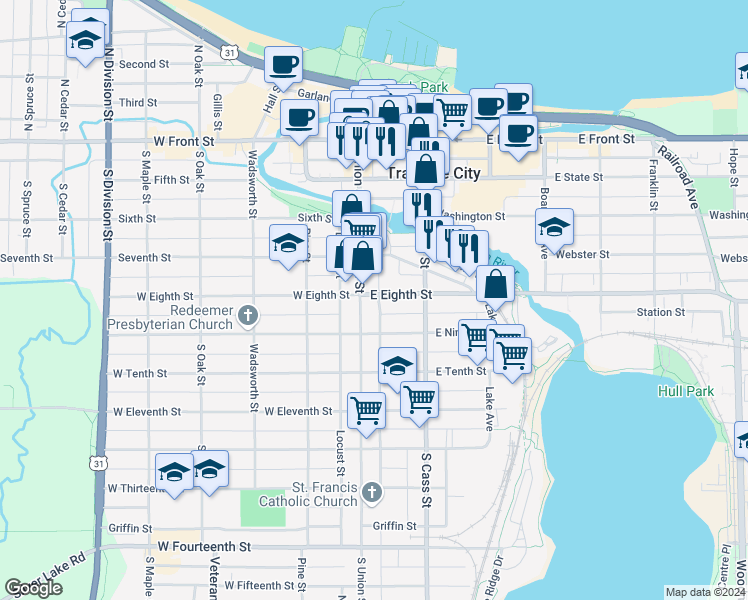map of restaurants, bars, coffee shops, grocery stores, and more near 113 East Ninth Street in Traverse City