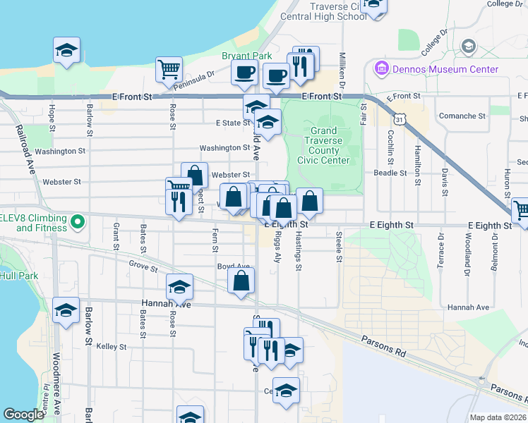map of restaurants, bars, coffee shops, grocery stores, and more near 1110 East Eighth Street in Traverse City