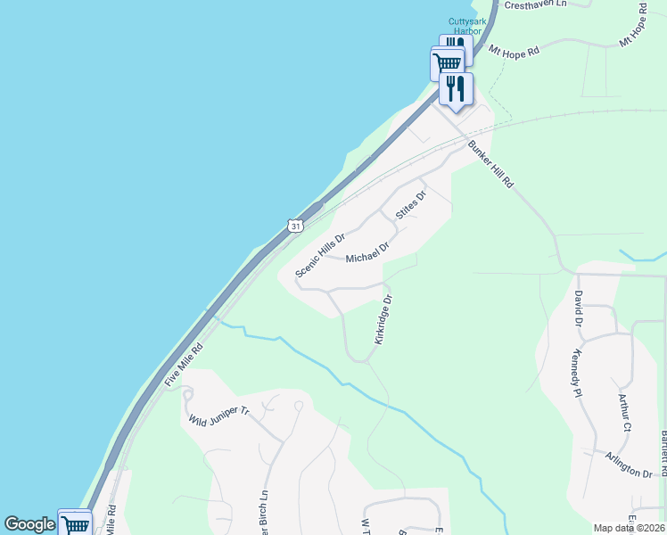 map of restaurants, bars, coffee shops, grocery stores, and more near 3200 Scenic Hills Drive in Williamsburg