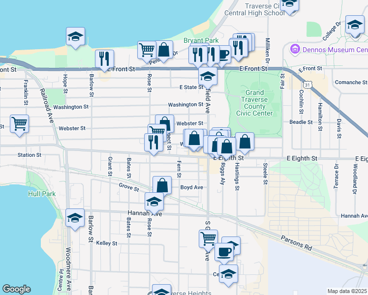 map of restaurants, bars, coffee shops, grocery stores, and more near 436-498 Michigan Avenue in Traverse City