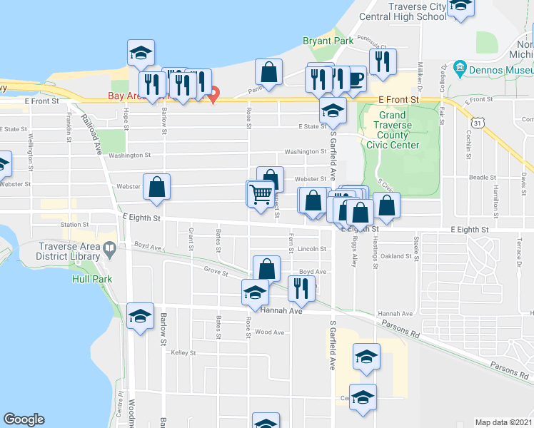 map of restaurants, bars, coffee shops, grocery stores, and more near 925 Walnut Street in Traverse City