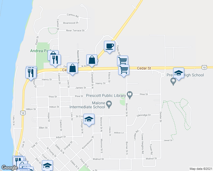 map of restaurants, bars, coffee shops, grocery stores, and more near 1340 Henry Street in Prescott