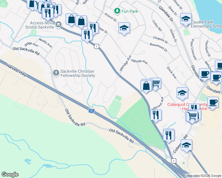 map of restaurants, bars, coffee shops, grocery stores, and more near 36 Armoyan Drive in Lower Sackville