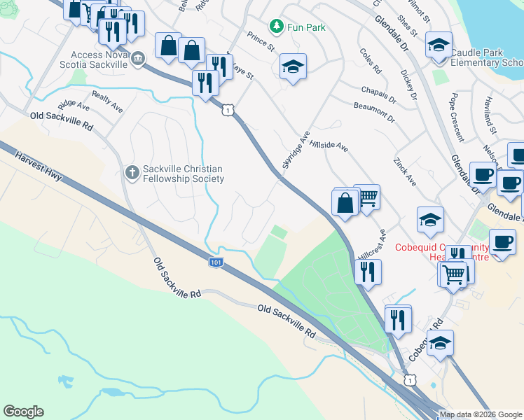 map of restaurants, bars, coffee shops, grocery stores, and more near 36 Armoyan Drive in Lower Sackville