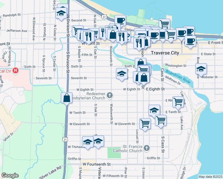 map of restaurants, bars, coffee shops, grocery stores, and more near 501 Wadsworth Street in Traverse City