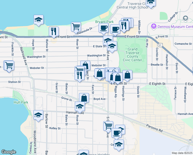 map of restaurants, bars, coffee shops, grocery stores, and more near 436-498 Michigan Avenue in Traverse City