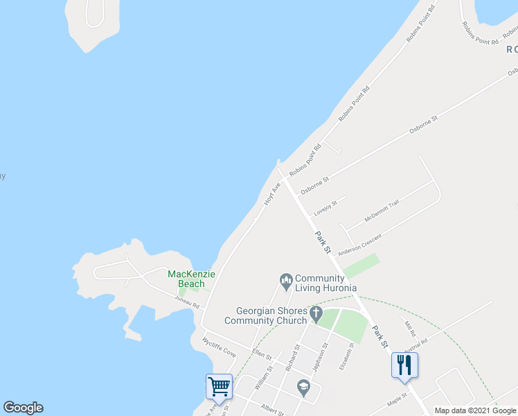 map of restaurants, bars, coffee shops, grocery stores, and more near 50 Hoyt Avenue in Simcoe County