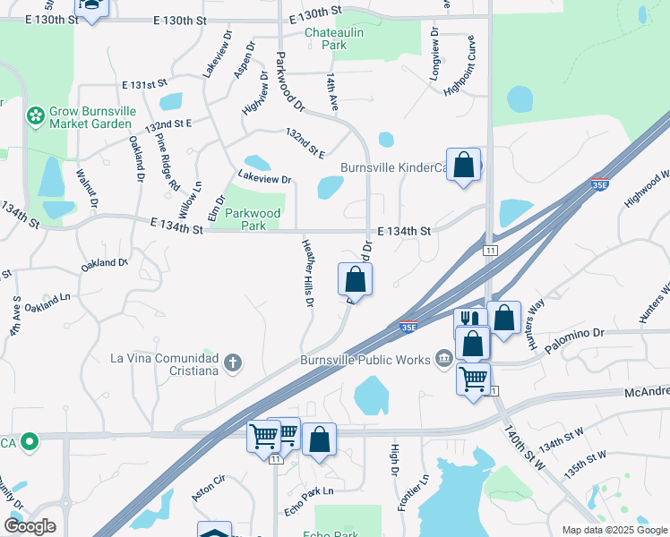 map of restaurants, bars, coffee shops, grocery stores, and more near 13422 Parkwood Drive in Burnsville