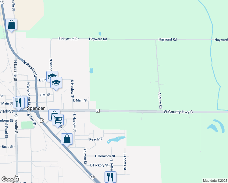 map of restaurants, bars, coffee shops, grocery stores, and more near S954 County Road C in Spencer