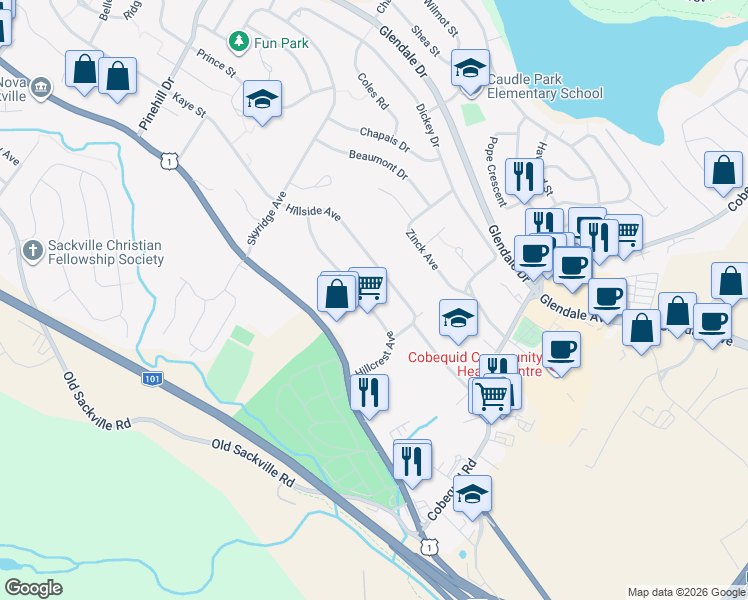 map of restaurants, bars, coffee shops, grocery stores, and more near 37 Hillcrest Avenue in Lower Sackville