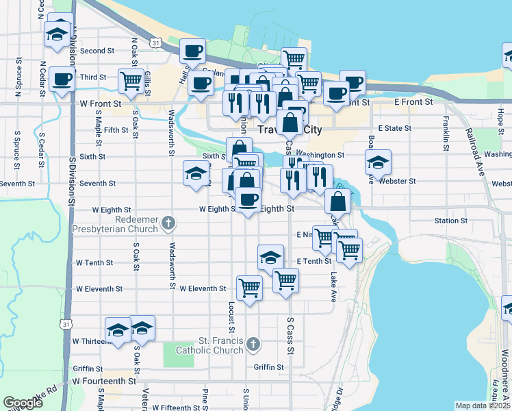 map of restaurants, bars, coffee shops, grocery stores, and more near 125 East Eighth Street in Traverse City