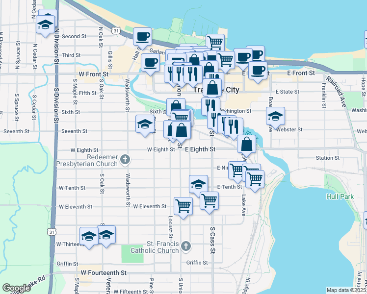 map of restaurants, bars, coffee shops, grocery stores, and more near 125 East Eighth Street in Traverse City