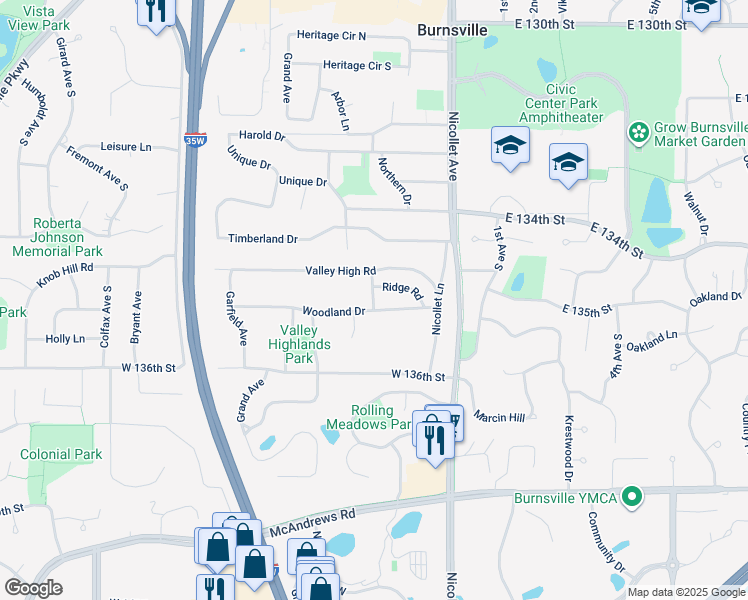 map of restaurants, bars, coffee shops, grocery stores, and more near 115 Valley High Road in Burnsville