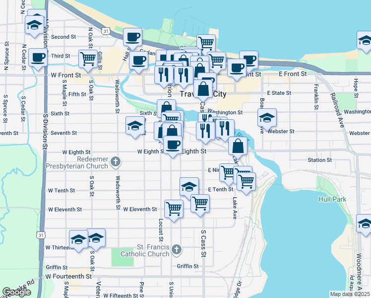 map of restaurants, bars, coffee shops, grocery stores, and more near 119 East Eighth Street in Traverse City