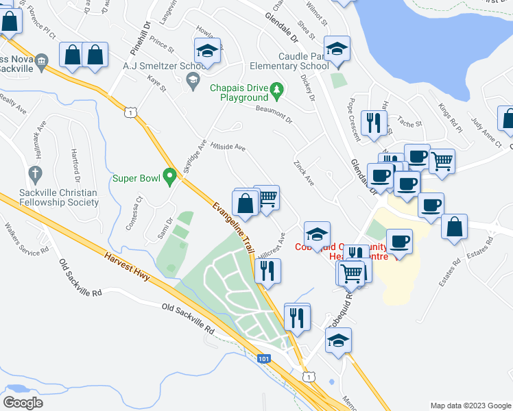 map of restaurants, bars, coffee shops, grocery stores, and more near 40 Hillcrest Avenue in Lower Sackville