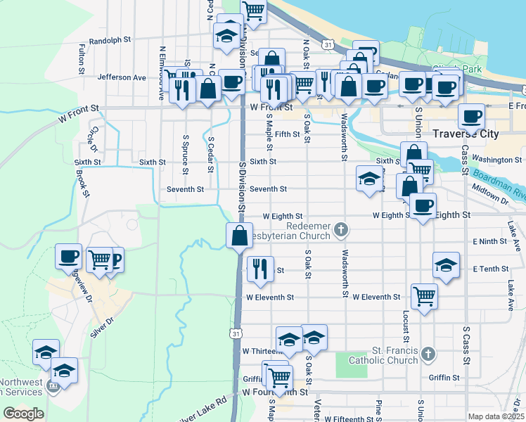 map of restaurants, bars, coffee shops, grocery stores, and more near 606 West Eighth Street in Traverse City