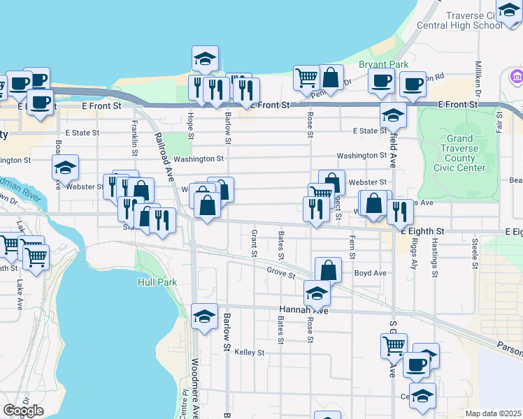 map of restaurants, bars, coffee shops, grocery stores, and more near 828 Webster Street in Traverse City