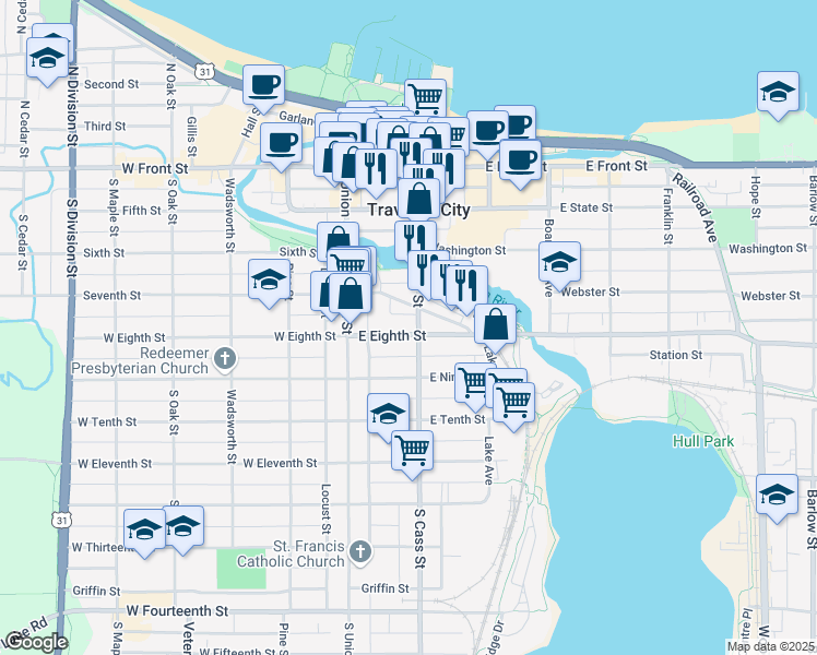 map of restaurants, bars, coffee shops, grocery stores, and more near 143 East Eighth Street in Traverse City
