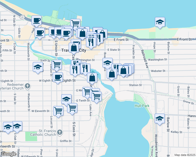 map of restaurants, bars, coffee shops, grocery stores, and more near 317 East Eighth Street in Traverse City