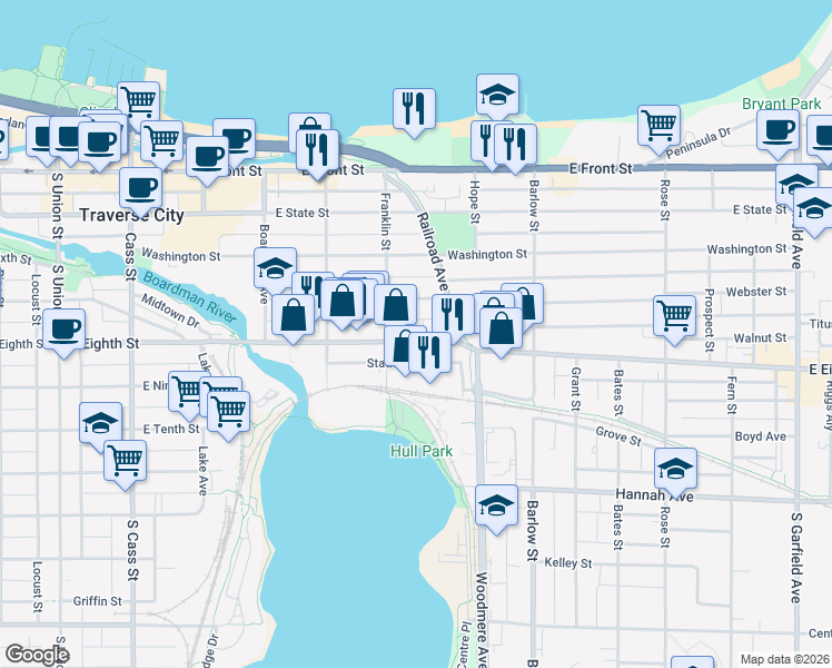 map of restaurants, bars, coffee shops, grocery stores, and more near 637 East Eighth Street in Traverse City