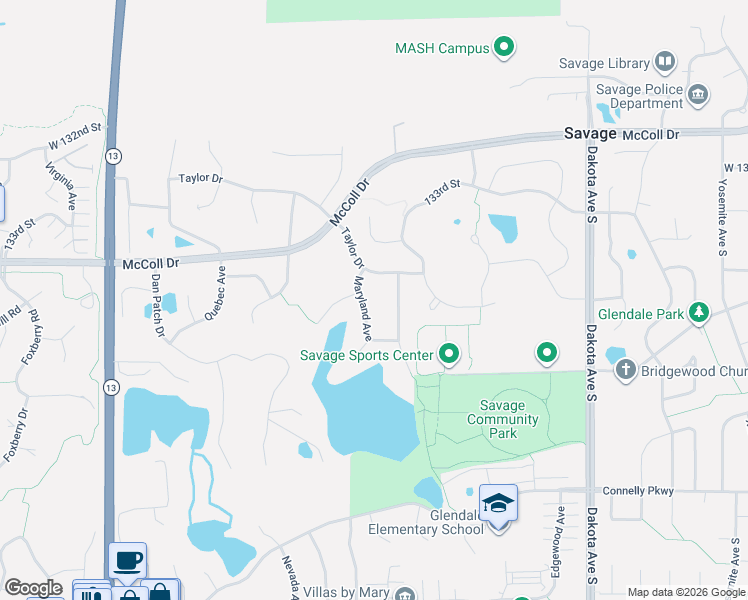 map of restaurants, bars, coffee shops, grocery stores, and more near 13521 Maryland Avenue in Savage