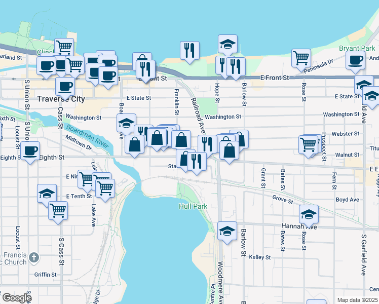 map of restaurants, bars, coffee shops, grocery stores, and more near 637 East Eighth Street in Traverse City