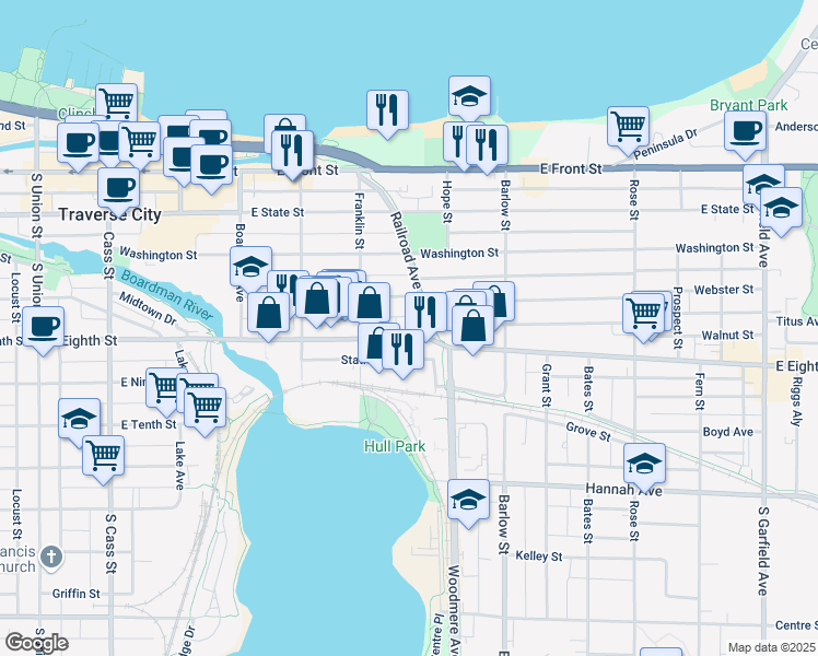 map of restaurants, bars, coffee shops, grocery stores, and more near 637 East Eighth Street in Traverse City