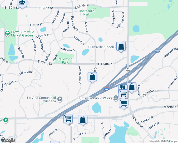 map of restaurants, bars, coffee shops, grocery stores, and more near 13422 Parkwood Drive in Burnsville