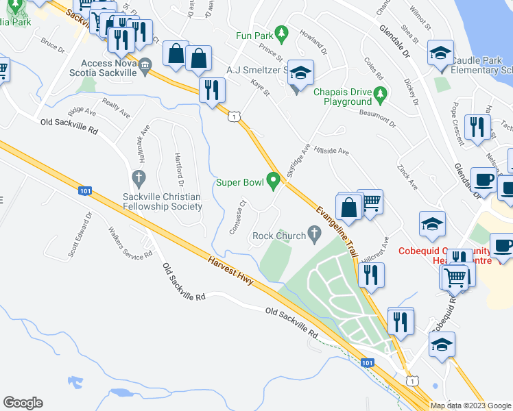 map of restaurants, bars, coffee shops, grocery stores, and more near 45 Armoyan Drive in Lower Sackville