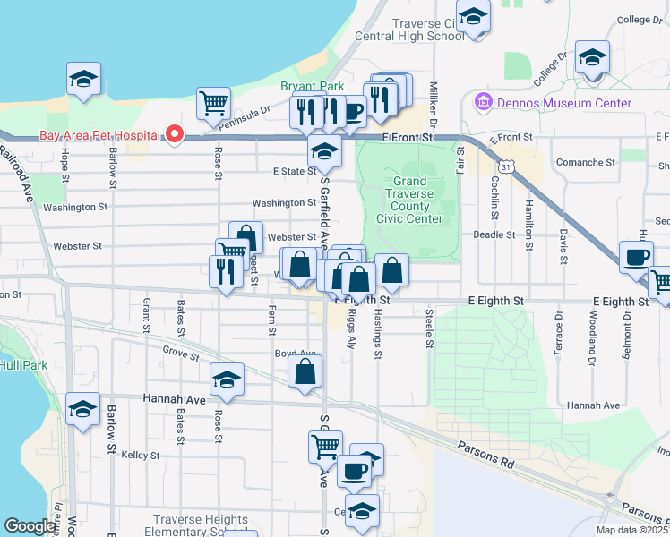 map of restaurants, bars, coffee shops, grocery stores, and more near 1106 Titus Avenue in Traverse City