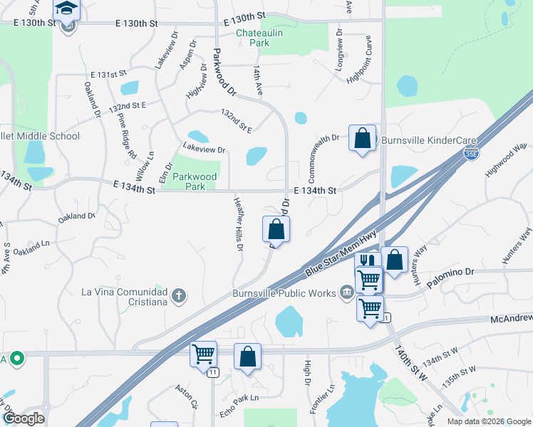 map of restaurants, bars, coffee shops, grocery stores, and more near 13422 Parkwood Drive in Burnsville