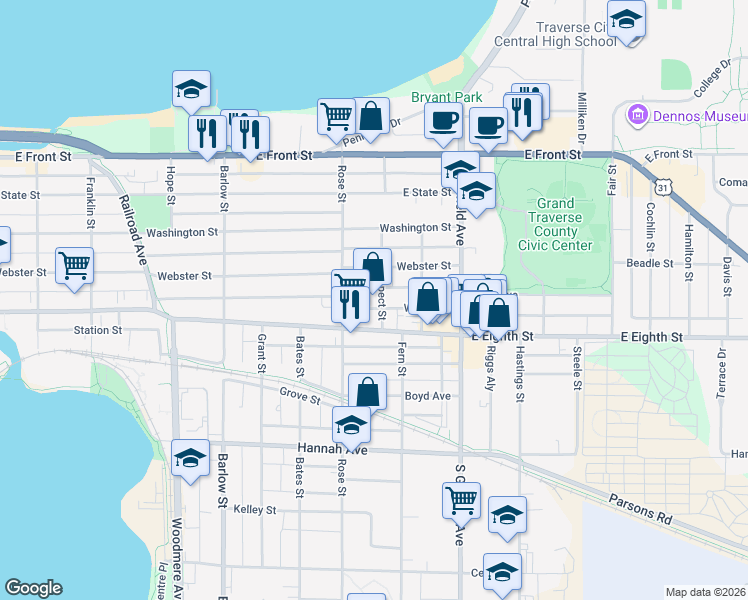 map of restaurants, bars, coffee shops, grocery stores, and more near 925 Walnut Street in Traverse City