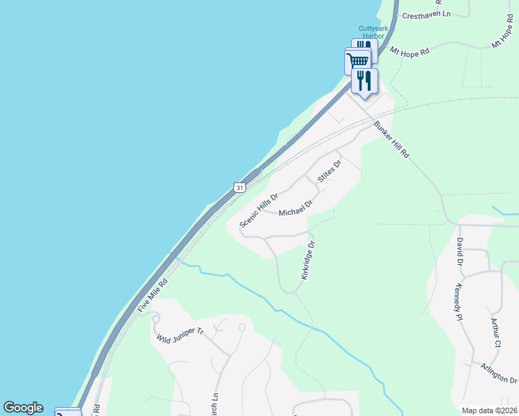 map of restaurants, bars, coffee shops, grocery stores, and more near 3200 Scenic Hills Drive in Williamsburg