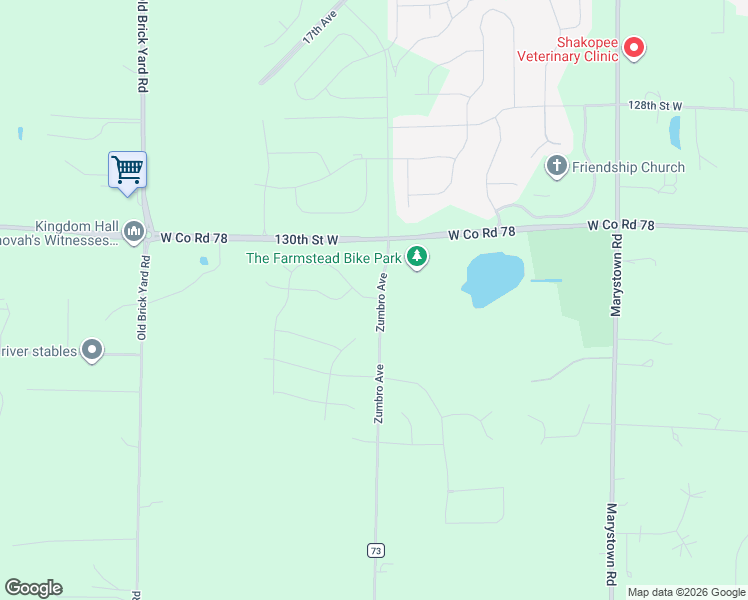 map of restaurants, bars, coffee shops, grocery stores, and more near 13124 County Road 73 in Shakopee
