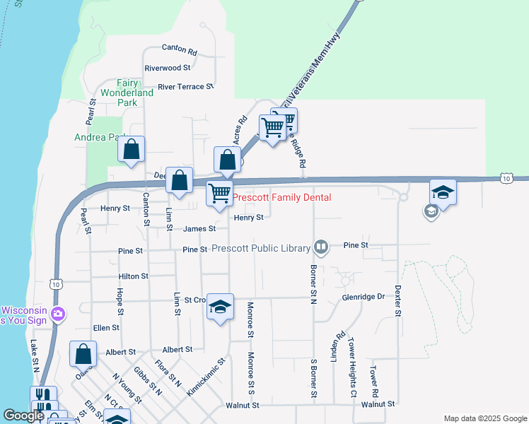 map of restaurants, bars, coffee shops, grocery stores, and more near 1340 Henry Street in Prescott