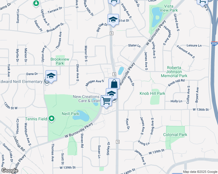 map of restaurants, bars, coffee shops, grocery stores, and more near 13401 Morgan Avenue South in Burnsville