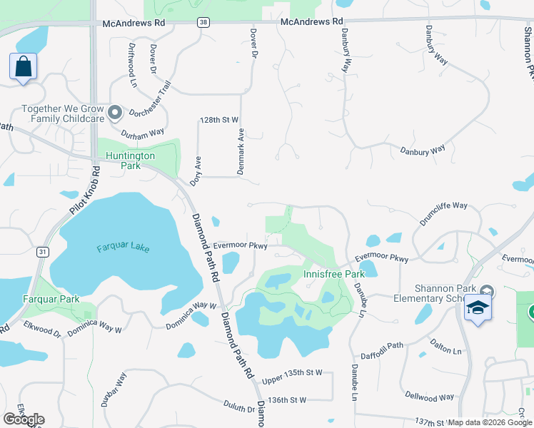 map of restaurants, bars, coffee shops, grocery stores, and more near 13087 Danube Lane in Rosemount