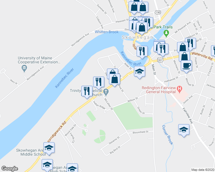 map of restaurants, bars, coffee shops, grocery stores, and more near 115 West Front Street in Skowhegan
