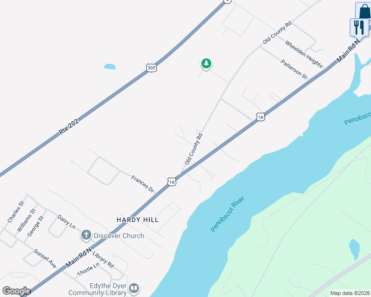 map of restaurants, bars, coffee shops, grocery stores, and more near 26 Old County Road in Hampden