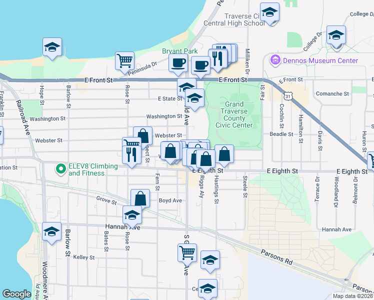 map of restaurants, bars, coffee shops, grocery stores, and more near 428 South Garfield Avenue in Traverse City