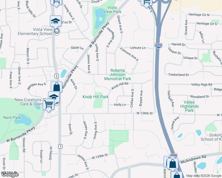 map of restaurants, bars, coffee shops, grocery stores, and more near 1300 Knob Hill Road in Burnsville