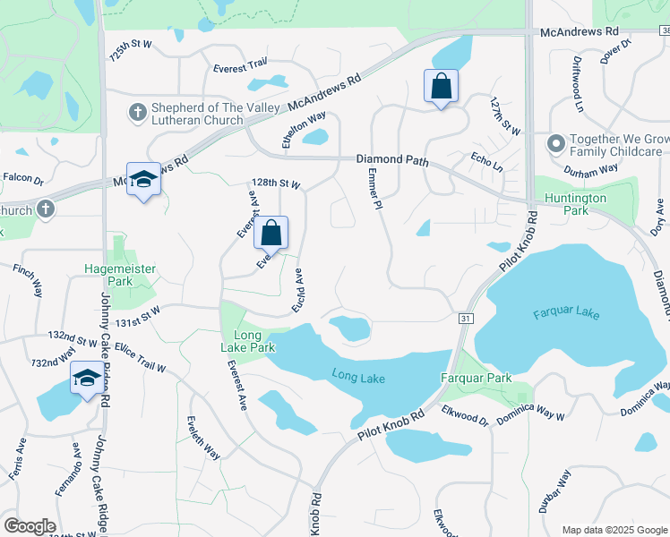 map of restaurants, bars, coffee shops, grocery stores, and more near 13085 132nd Street West in Apple Valley
