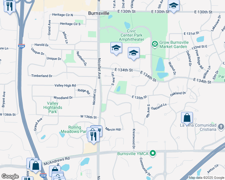 map of restaurants, bars, coffee shops, grocery stores, and more near 100 East 135th Street in Burnsville